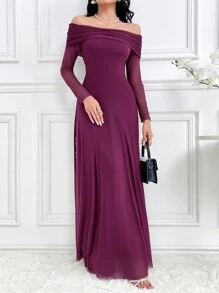 Modelyn Women's Elegant Solid Color Off Shoulder Dress, Autumn Long Evening Dresses