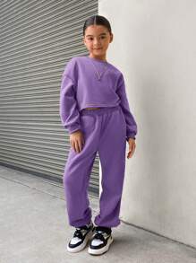 SHEIN Tween Girls 2pcs/Set Loose Solid Color Vintage Cropped Crew Neck Sweatshirt And Sweatpants Casual Outfit - Violet Purple - View 4