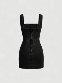 SHEIN MOD Women Square Neck Casual Denim Bodycon Dress - Black - View 2