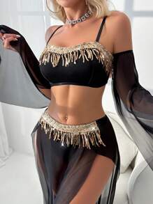 Fantasy Costume Fantasy Costume 5 件套女士闪亮流苏网眼舞台服装套装无线 - 黑色 - 查看 5