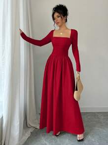 Selianne 女士方领长袖收腰 A 字下摆连衣裙新年衣服长款女装 - 紅色 - 查看 5