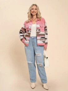 SHEIN LUNE Plus Size Geometric Pattern Patchwork Pink Shirt, Autumn/Winter Holiday - Multicolor - View 6