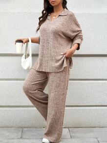 SHEIN LUNE Conjunto de 2 piezas para mujer talla grande, con top de manga larga tipo murciélago de unicolor acanalado y pantalones holgados. Conjunto informal a juego para atuendo de otoño y vacaciones - Marrón Mocha - Ver 5