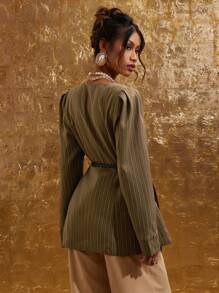 COSMINA 女式前扣长袖条纹简约休闲西装外套（秋冬款） - 咖啡棕 - 查看 2