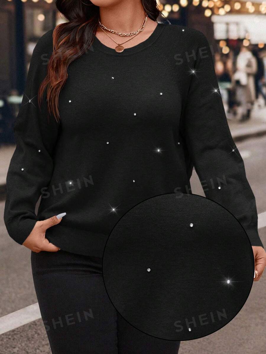 SHEIN VCAY Damen Große Größen grauer Pullover mit Strass-Verzierungen, Strickpullover mit langen Ärmeln für Herbst- und Feiertagsoutfits, für den Winter - Schwarz - Übersicht 1