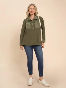 SHEIN LUNE Camisa de manga larga con botones y bolsillos de unicolor para mujer talla grande, top de invierno verde para vacaciones - Verde - Ver 3