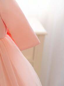 SHEIN Glamorique Kids 粉色圣诞派对装女婴连衣裙、圣诞女婴连衣裙、舞会礼服、圣诞老人连衣裙、婴儿/女孩新年连衣裙，采用缎面和网眼对比色，长袖，蝴蝶背，V 领，水钻荷叶边连衣裙 - 粉色 - 查看 5