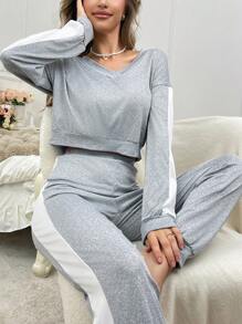V领撞色长袖上衣和裤子女士两件套睡衣套装 - 淺灰色 - 查看 3