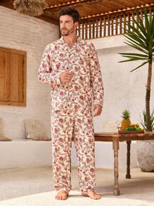 Manfinity ChillVibe 2pcs Men Floral Print Single-Breasted Long Sleeve Top And Pants Loungewear Set - Red and White - View 3