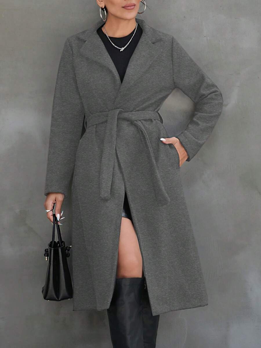 EURMUSE Petite Women's Open Lapel Collar Coat - Dark Grey - View 1