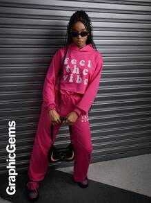 Bộ 2 áo hoodie crop top họa tiết chữ cho bé gái tuổi teen và quần dài ống rộng rộng rãi - Màu Hồng Tươi - Xem 5
