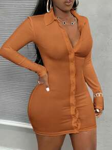 Slaydiva 1 件白色 Polo 领前纽扣长袖罗纹面料紧身迷你连衣裙，休闲风格