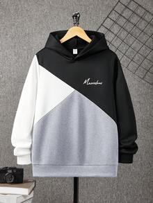 SHEIN Sudadera holgada, cómoda y versátil con estampado gráfico y parches de colores contrastantes para adolescentes - Gris - Ver 3