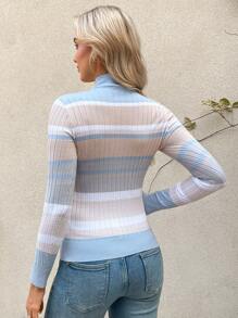 SHEIN LUNE Turtleneck Long Sleeve Women Clothes Striped Long Sleeve Tight Knit Sweater, Fall Clothes,Long Sleeve Tops - Blue - View 2