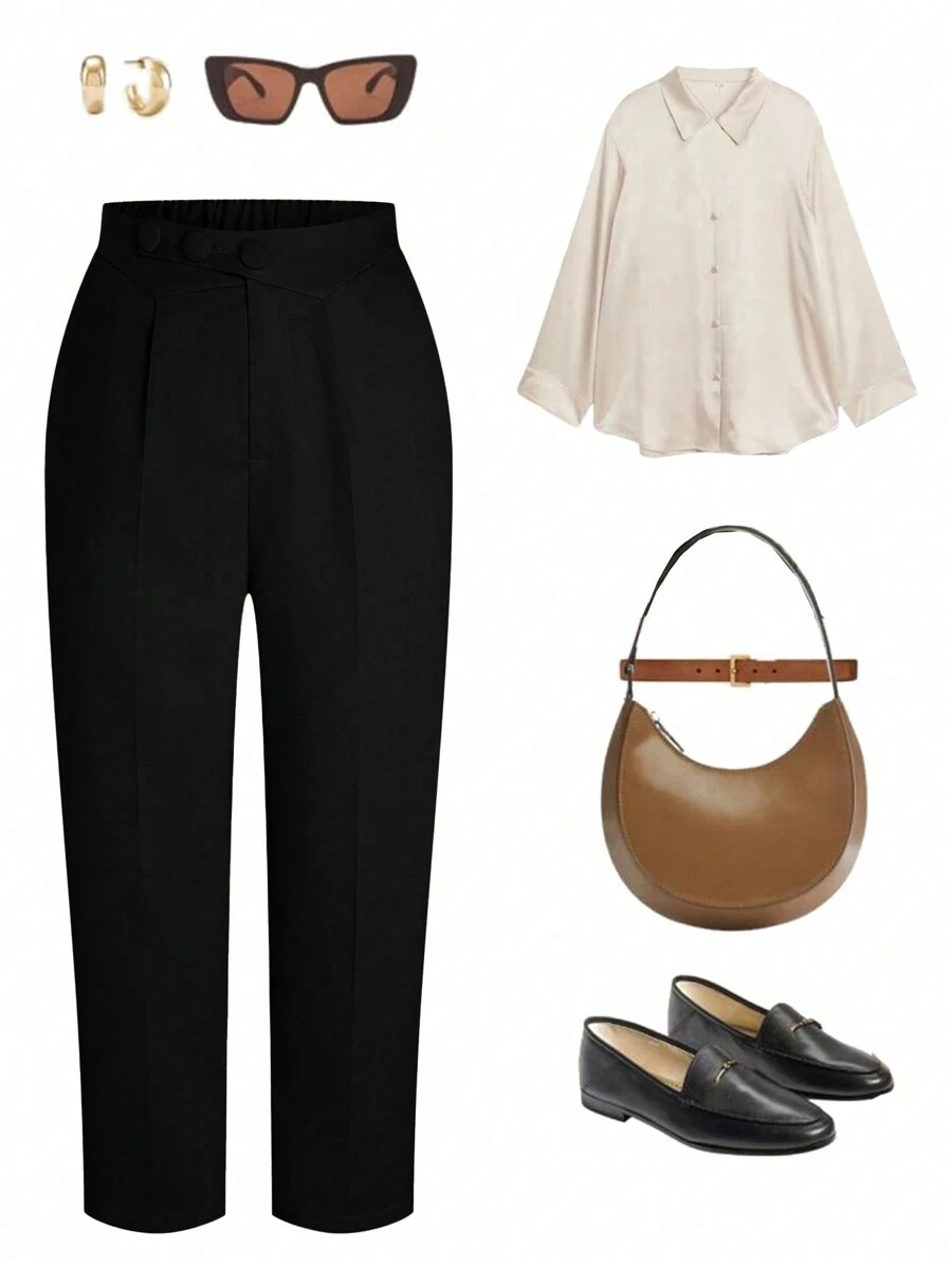 Calvaya 大码时尚纯色百搭休闲锥形西装裤 - 黑色 - 查看 1