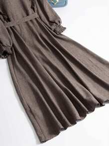 Mulvari Plus Size Casual Solid Color Ruffle Hem Front Zipper Jacket, Autumn - Grey - View 3