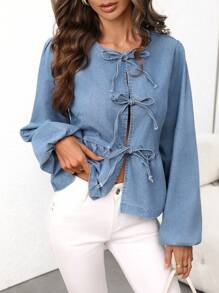 SHEIN Essnce 1 件女士休闲日常前系带灯笼袖牛仔衬衫，秋季