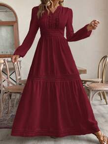 SHEIN VCAY Vestido elegante de talla grande para mujer, de unicolor con cuello en contraste tipo escote, mangas farol y encaje - Burdeos - Ver 3