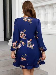 SHEIN Clasi Plus Size Printed Long Sleeve Mini Dress For Women, Autumn - Navy Blue - View 2