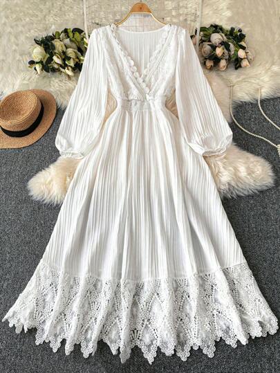 DreamSkyne 加大码 V 领撞色蕾丝纯色长袖连衣裙 女式长款服装