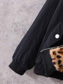 SHEIN Serisse Kids 青少年女孩温暖休闲连帽衫宽松泰迪羊毛豹纹双面可翻转动物印花蓬松冬季夹克/外套，秋冬保暖，日常穿着