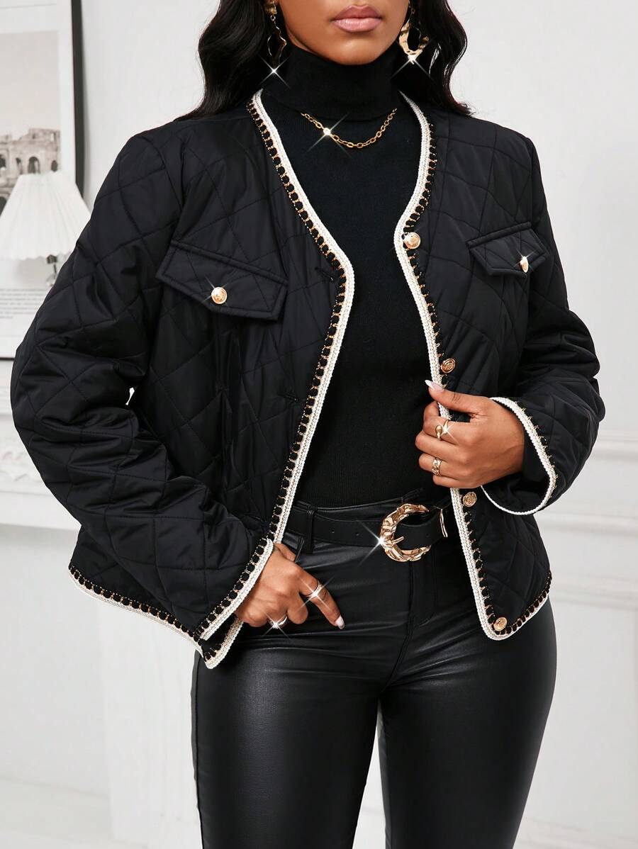 SHEIN Lady Black Small Fragrant Women's Jacket With Metal Buttons Decorated Elegant Women's Jacket