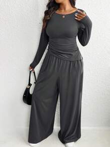 SHEIN Essnce Bộ đồ thường ngày cỡ lớn cho nữ, Bộ đồ xám Quần ống rộng, Bộ đồ dài tay, Bộ đồ hai mảnh cho nữ, Bộ đồ hai mảnh cho nữ Bộ đồ hai mảnh cho nữ, Bộ đồ mùa đông, Quần áo cho mẹ và bé, Bộ đồ hai mảnh cho mùa thu Bộ đồ hai mảnh - Màu xám đen - Xem 7