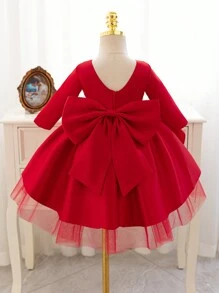 SHEIN Glamorique Kids Christmas Princess Girls Dress, Formal Gown For Party, Autumn/Winter, Long Sleeve Satin Dress With Bow Mesh Tutu Skirt, For Toddler/Baby Girl - Burgundy - View 2