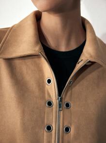 Maija 女式棕色金属点缀休闲简约纯色长袖复古夹克，秋冬 - 卡其色 - 查看 6