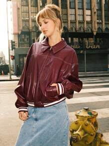 SHEIN EZwear Drop Shoulder Long Sleeve Zip Up Red PU Leather Jacket - Burgundy - View 4