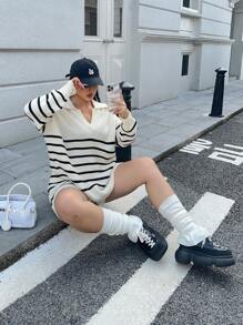 POPSWAY French Elegant Color Block Stripe Polo Collar Slouchy Pullover Long Sleeve + Shorts 2pcs Suit Knit Set For Women, Autumn/Winter Fall Cloth For Women - Multicolor - View 4