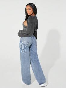 SHEIN BAE Fashion Women's Versatile Washed Front Pocket Loose Straight-Leg Jeans - Light Wash - View 3