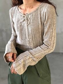 FRIFUL Women Casual Solid Color Ribbed Twist Collar Loose Long Sleeve T-Shirt, For Spring & Autumn Summer