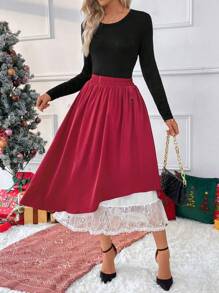 SHEIN Clasi 女款純色拼接百褶極簡風裙，休閒日常穿著 - 紅色 - 查看 4