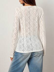 Flirla Áo cánh dài tay bó sát có chi tiết thắt nơ ren mỏng - trắng - Xem 2