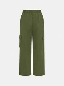 SHEIN 女童休闲实用梭织裤，百搭，秋季 - 軍綠色 - 查看 2