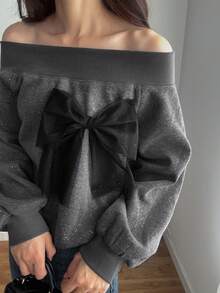 FRIFUL 1 件女士休闲露肩蝴蝶结装饰运动衫，秋冬 - 灰色 - 查看 3