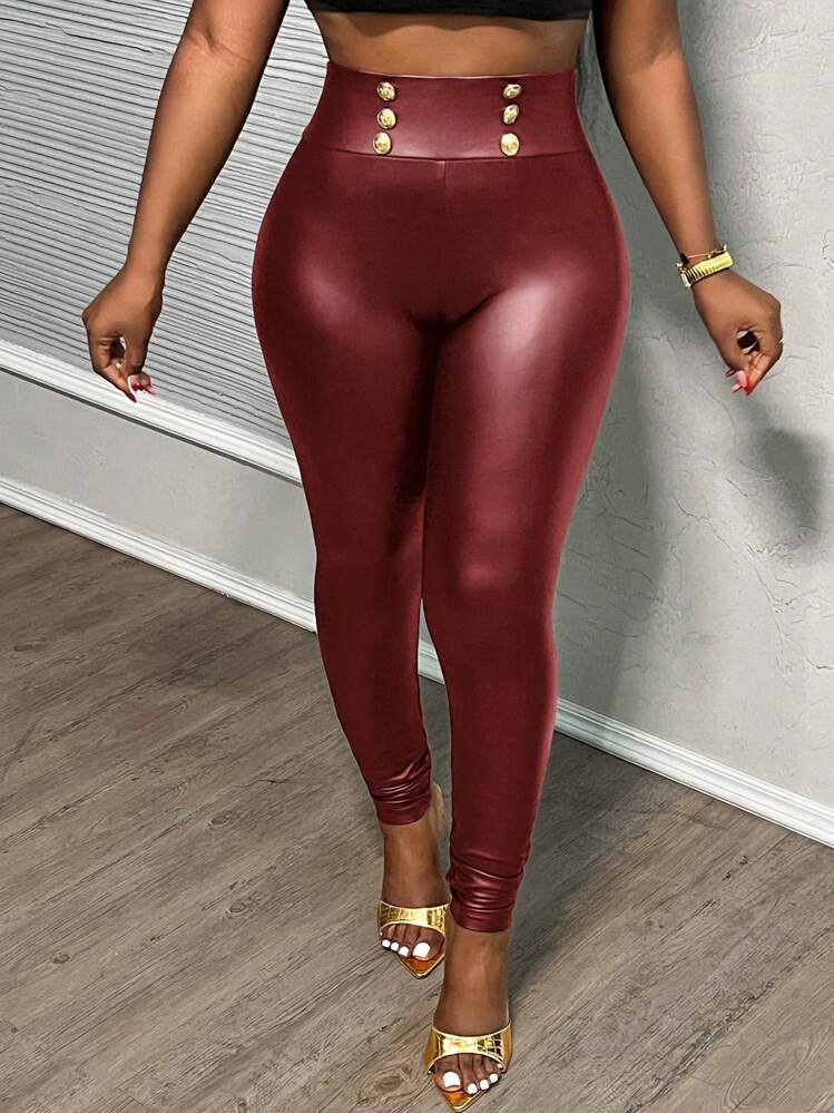 Slaydiva Women's Solid Color Button Decor Casual Slim Fit PU Leather Pants - Burgundy - View 5