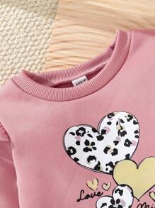 SHEIN 3pcs Young Girl Set: Fleece Heart Pattern Sweatshirt, Bowknot Sweatpants, Ditsy Floral Hooded Zipper Vest