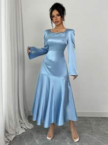 Elenzga Elegant Long Dress With Ruched Neck And Fishtail Hem Maxi Satin Women Outfit