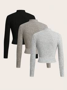 SHEIN EZwear Plus Size Solid Color Stand Collar Long Sleeve Ribbed Minimalist Casual T-Shirt - Multicolor - View 2