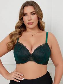 SHEIN Áo ngực nâng ngực thêu họa tiết cỡ lớn - Màu xanh lá cây đậm - Xem 1