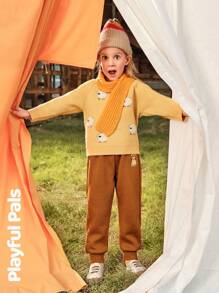 SHEIN 1 件装年轻女孩运动裤秋冬新款可爱猫咪刺绣宽松休闲裤 - 咖啡棕 - 查看 4