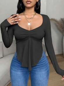 BamGleam SXY 纯色 INS 新品方领长袖荷叶边不对称下摆女式休闲 T 恤秋季女装 - 黑色 - 查看 5