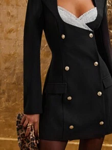 COSMINA Women Elegant Color Blocking Lace Patchwork Double-Breasted Mini Dress, Autumn - Black and White - View 3