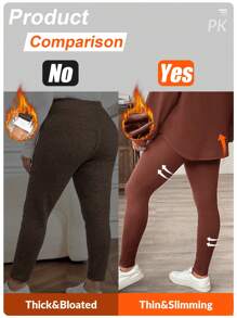 SHEIN LUNE 2 件大码纯色圆领长袖上衣和紧身及踝长裤套装冬季服装 - 棕色 - 查看 2