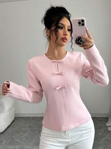 Selianne 女士纯色圆领优雅休闲通勤圣诞约会可爱蝴蝶结装饰衬衫春秋长袖上衣 - 淺粉色 - 查看 4