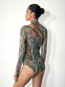 Maija 女士秋冬巴黎图案印花立领镂空长袖修身紧身衣，百搭日常穿着