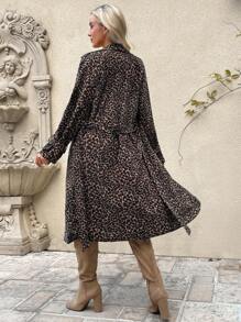 SHEIN LUNE Women Street Fashion Vintage 90s Long Leopard Print Windbreaker Coat, Casual Style, Autumn - Brown - View 2