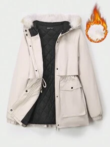 SHEIN EZwear Women's New Autumn And Winter Furry Collar Hooded Jacket, Thermal Clothes - Apricot - View 1